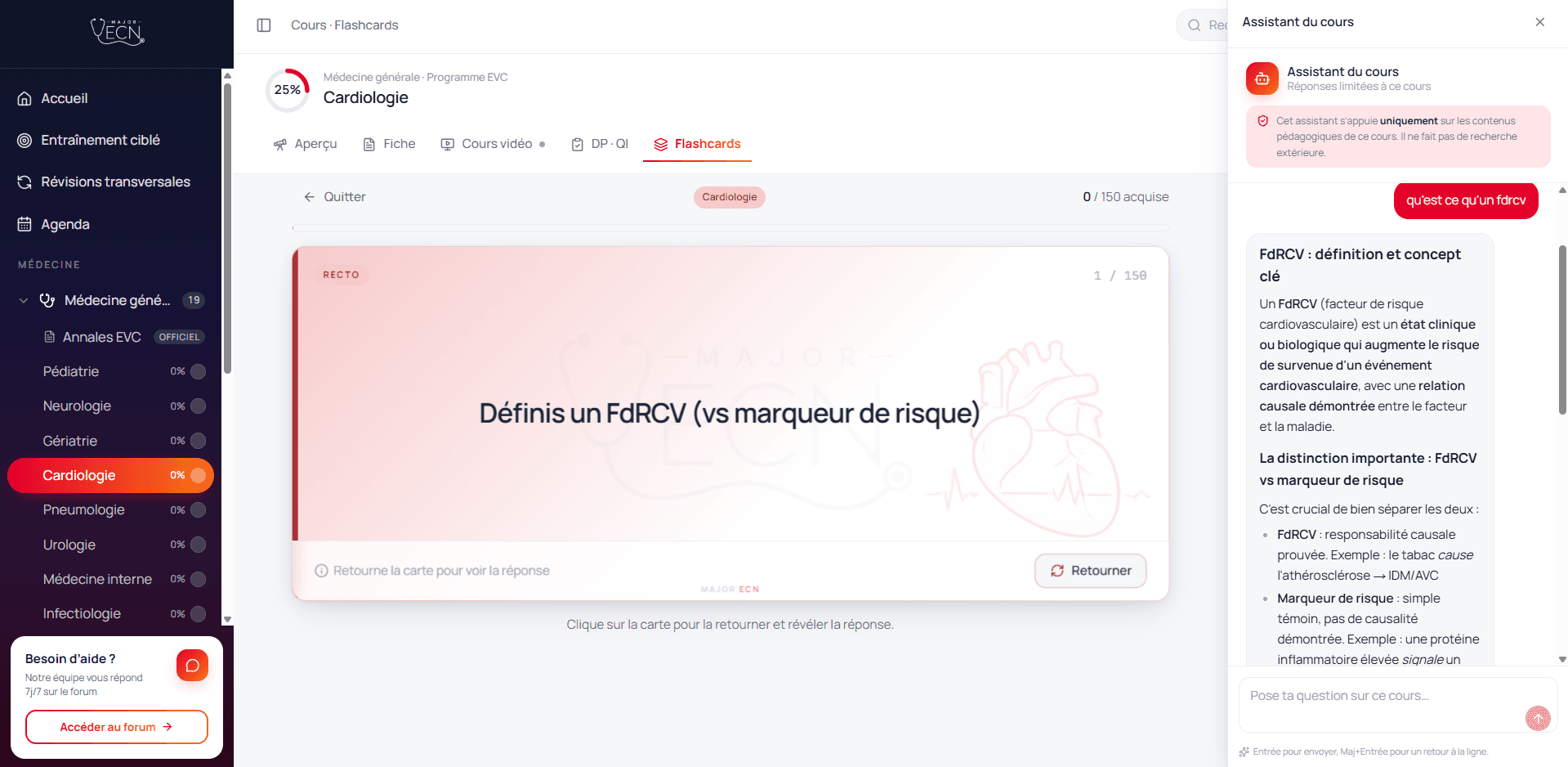 Écran de révision par flashcards sur la plateforme Major ECN