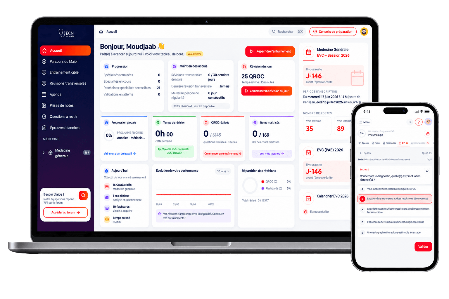 Plateforme Major ECN sur ordinateur et mobile — tableau de bord et simulation QCM