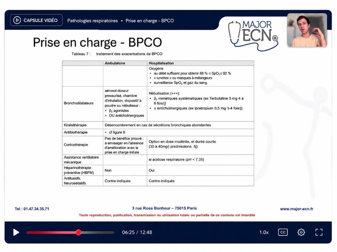 Capsule vidéo Major ECN — prise en charge de la BPCO, commentée par un enseignant