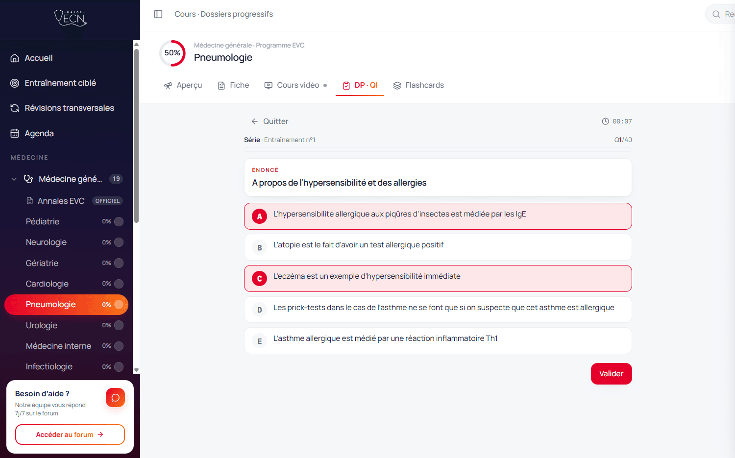 Question à choix multiples en cours de réalisation sur la plateforme Major ECN