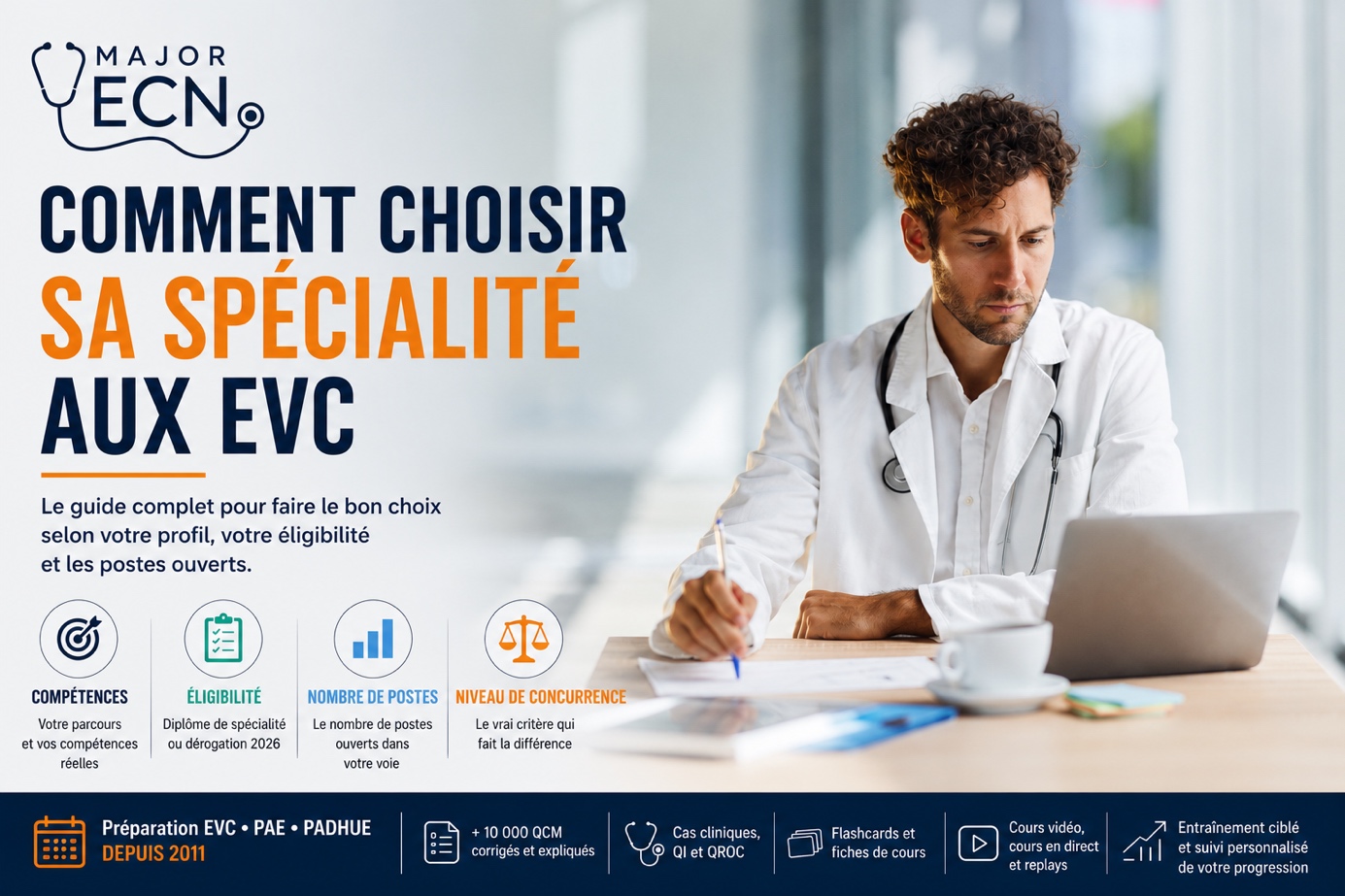 Carte-titre de l'article « Comment choisir sa spécialité aux EVC » : un médecin en blouse blanche travaille sur un ordinateur portable, avec les quatre critères de choix (compétences, éligibilité, nombre de postes, niveau de concurrence)