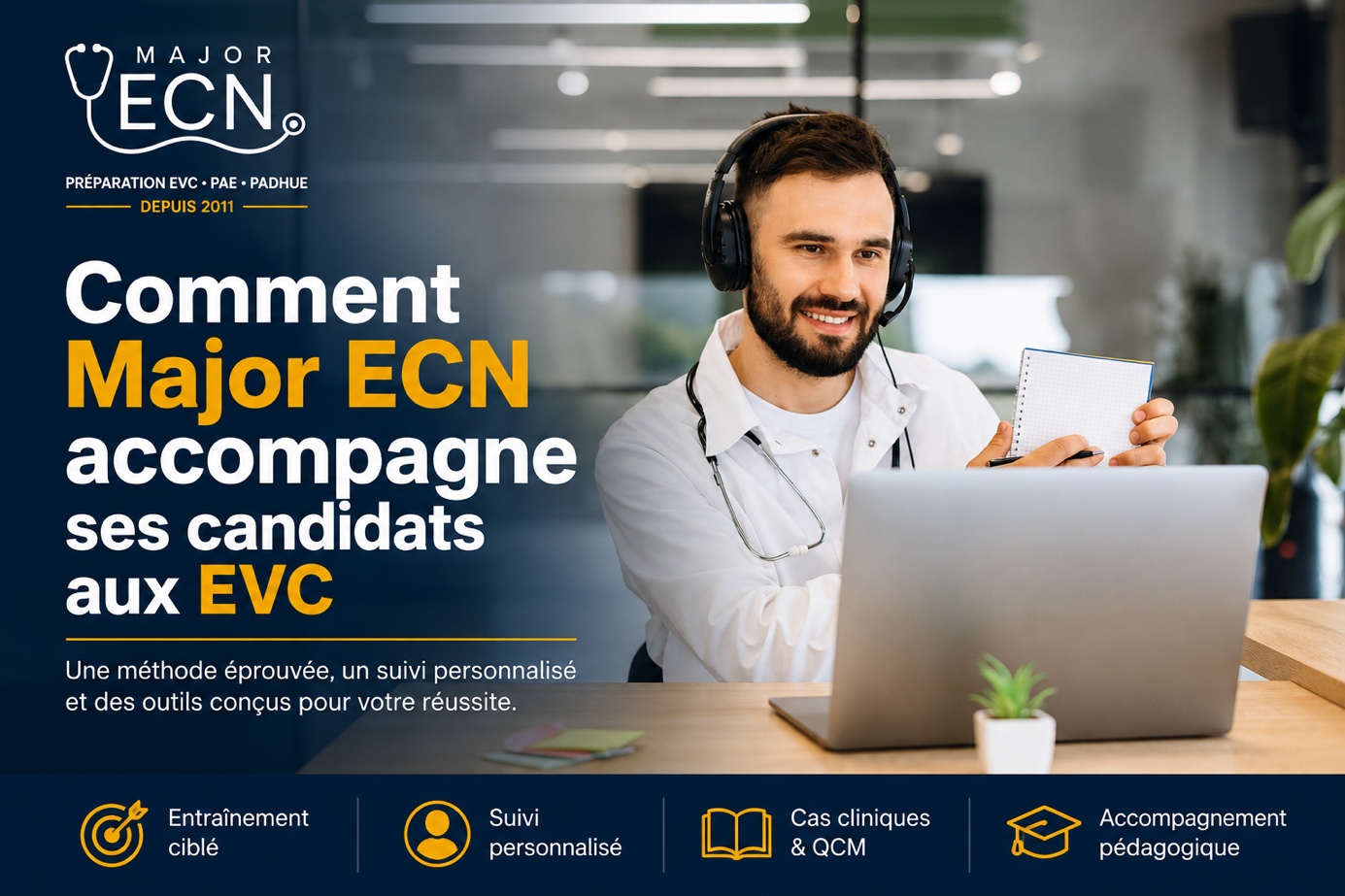Bannière Major ECN « Comment Major ECN accompagne ses candidats aux EVC » : médecin en blouse blanche avec casque audio travaillant sur un ordinateur portable, préparation EVC PAE PADHUE depuis 2011.