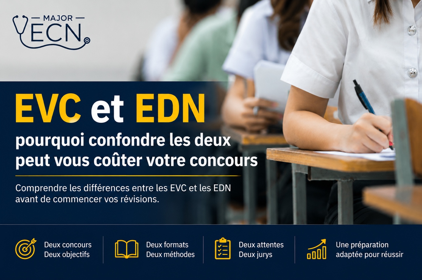 Visuel Major ECN « EVC et EDN : pourquoi confondre les deux peut vous coûter votre concours », avec des candidats qui composent par écrit en salle d'examen