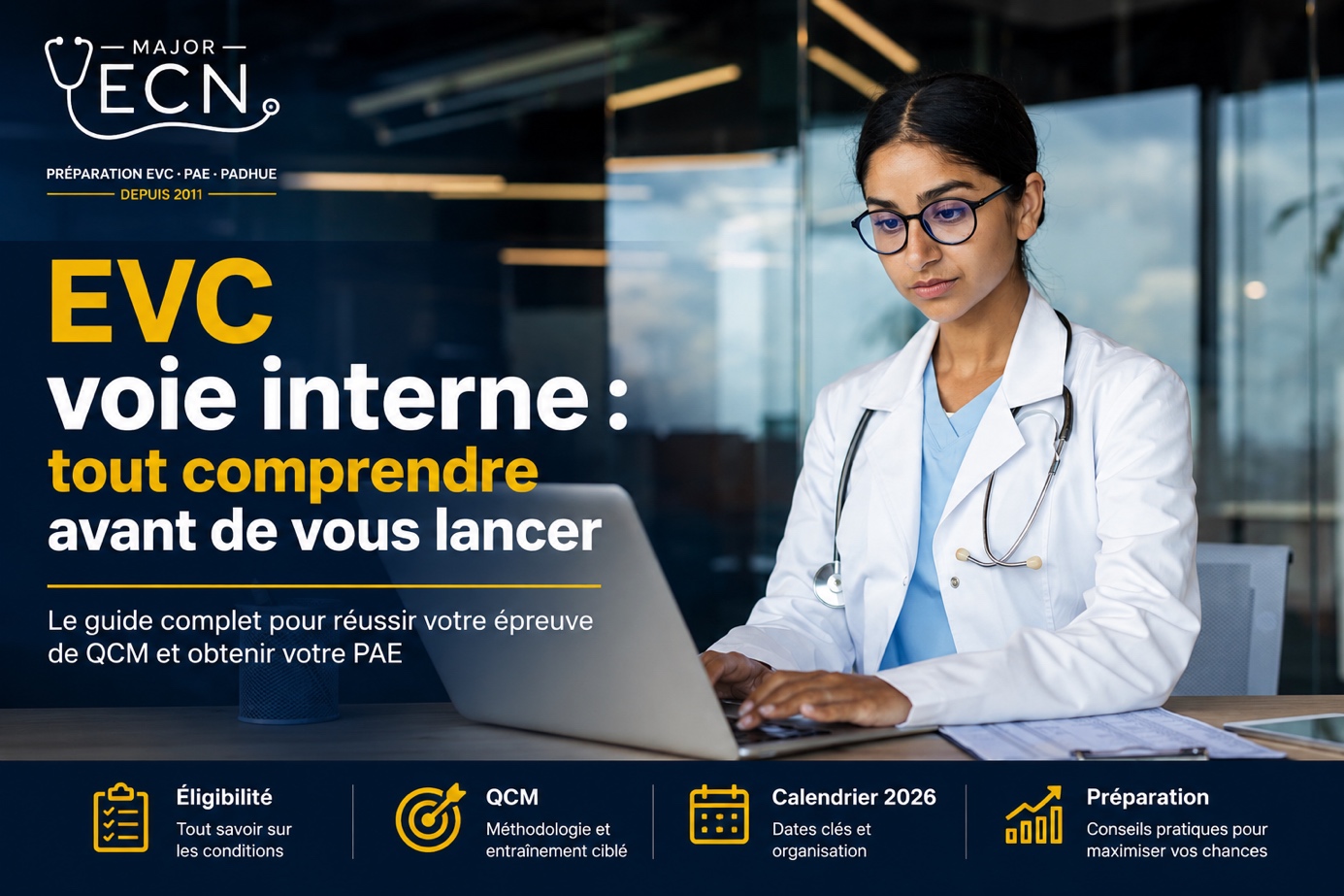 Carte de couverture Major ECN « EVC voie interne : tout comprendre avant de vous lancer », avec une médecin en blouse blanche et stéthoscope travaillant sur un ordinateur portable, et quatre repères en bas : Éligibilité, QCM, Calendrier 2026 et Préparation